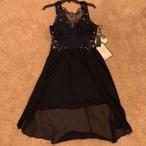 Navy blue dress with detailed lace top and sequins